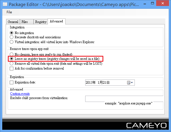 Cameyo - 選擇如何處理登錄檔