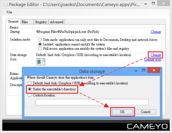 Cameyo - 設定 Data storage